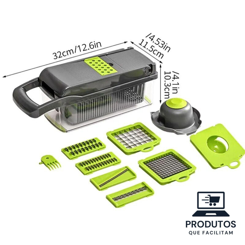 Fatiador de Alimentos Multifuncional com Cesta, Cortador De Frutas, Chopper De Batata, Ralador De Cenoura,  12 em 1